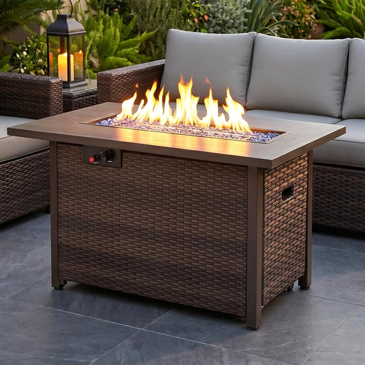 Fire Pit Table, 50,000 BTU Propane Fire Pit Tables for Outside Patio, Brown | 42 Inch Rectangular Fire Pit Table, 2-IN-1 Fire Table with Removable Lid and Blue Glass Stones, CSA Certification