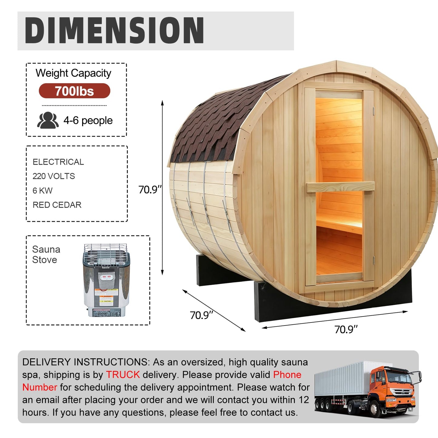 Outdoor Barrel Steam Sauna, 6-8 Person Canadian Hemlock Traditional Wooden Steam Saunas with 220V/6KW Toule Electric Stove, Tempered Glass Sauna Kits for Backyard & Garden (0-195℉)