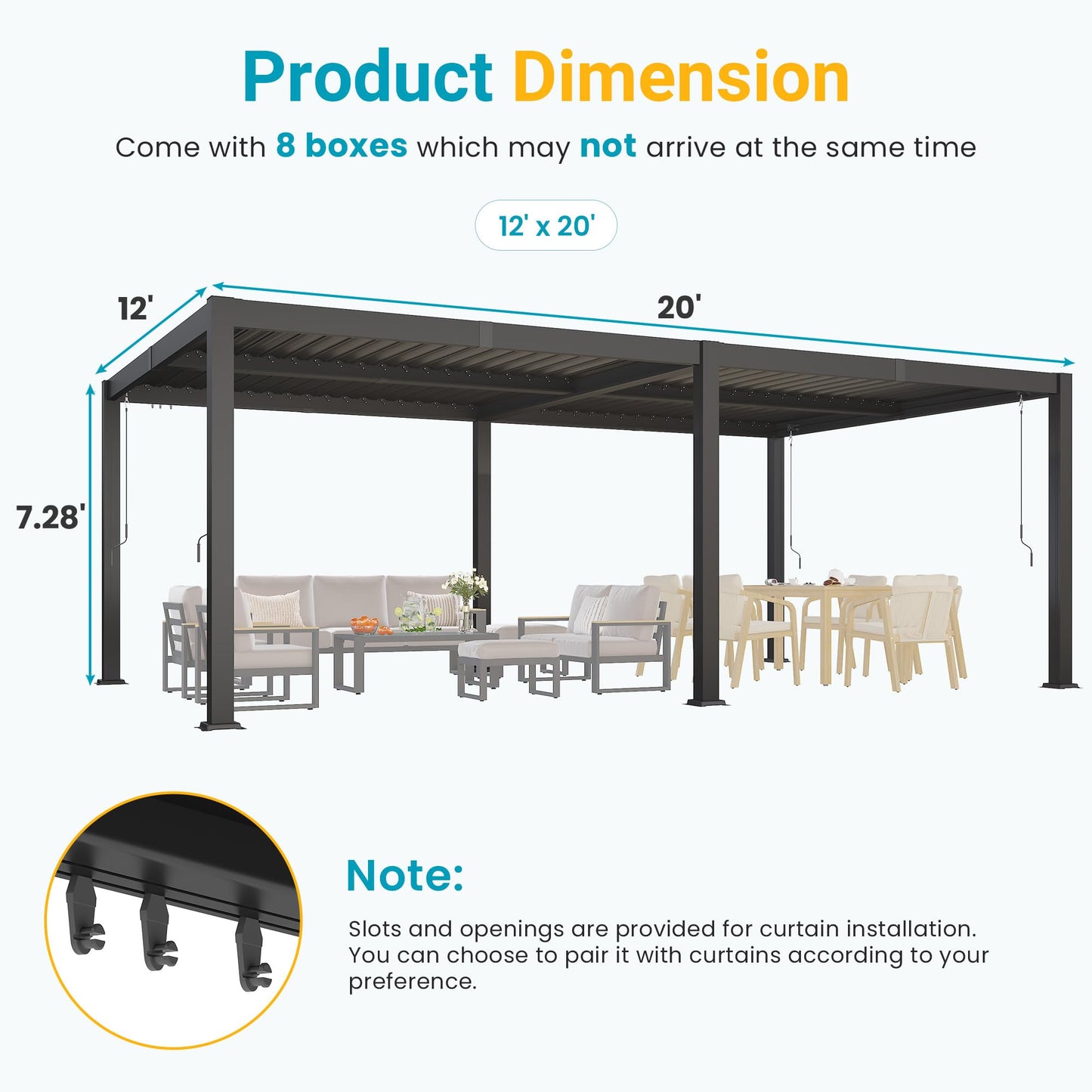 12' x 16' Pergola with Curtain & Adjustable Roof & Aluminum Frame for Patio | Louvered Pergola, Patio Pergola with Netting & Gutter System, Outdoor Pergola, Hardtop Gazebo for Deck, Yard, Dark Gray