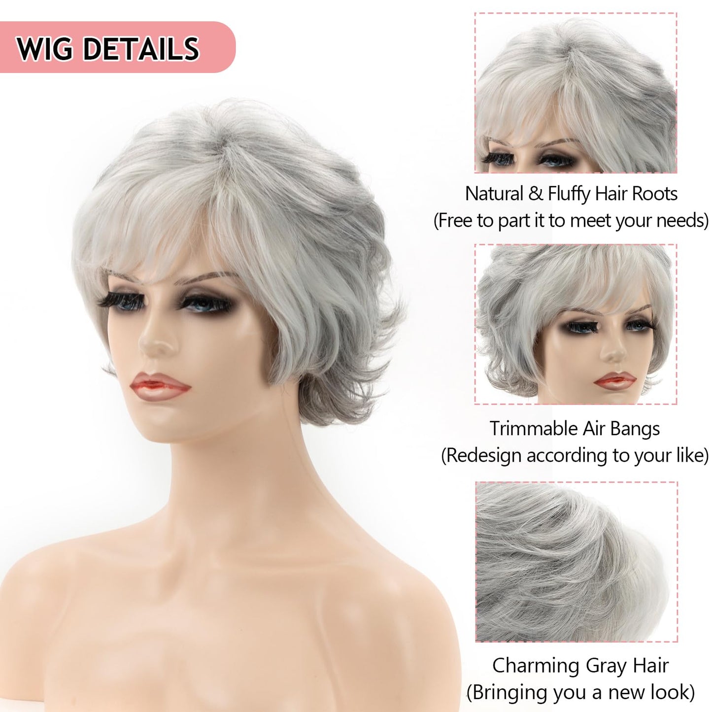 TISHINING Short Grey Curly Wigs for White Women Layered Silver Gray Pixie Cut Synthetic Full Wig with Bangs Natural Looking Daily Party Wigs for Older Women