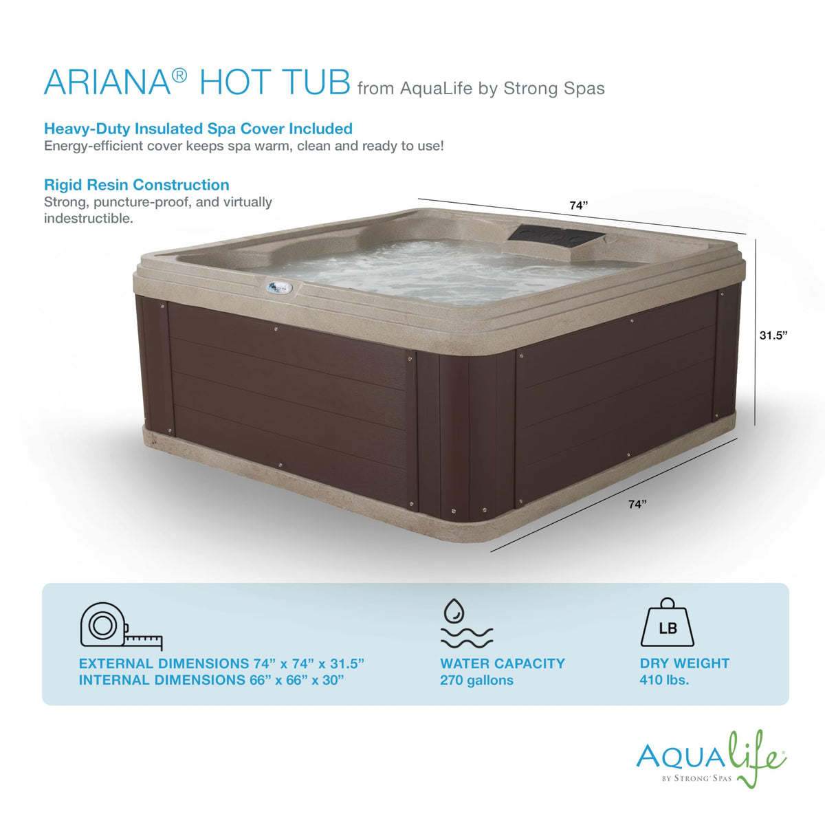 Ariana Outdoor Hot Tub, 6 Person Therapeutic Spa, 30 Jets, Underwater LED Lighting System, Insulated Spa Cover, Aqualife by Strong Spas