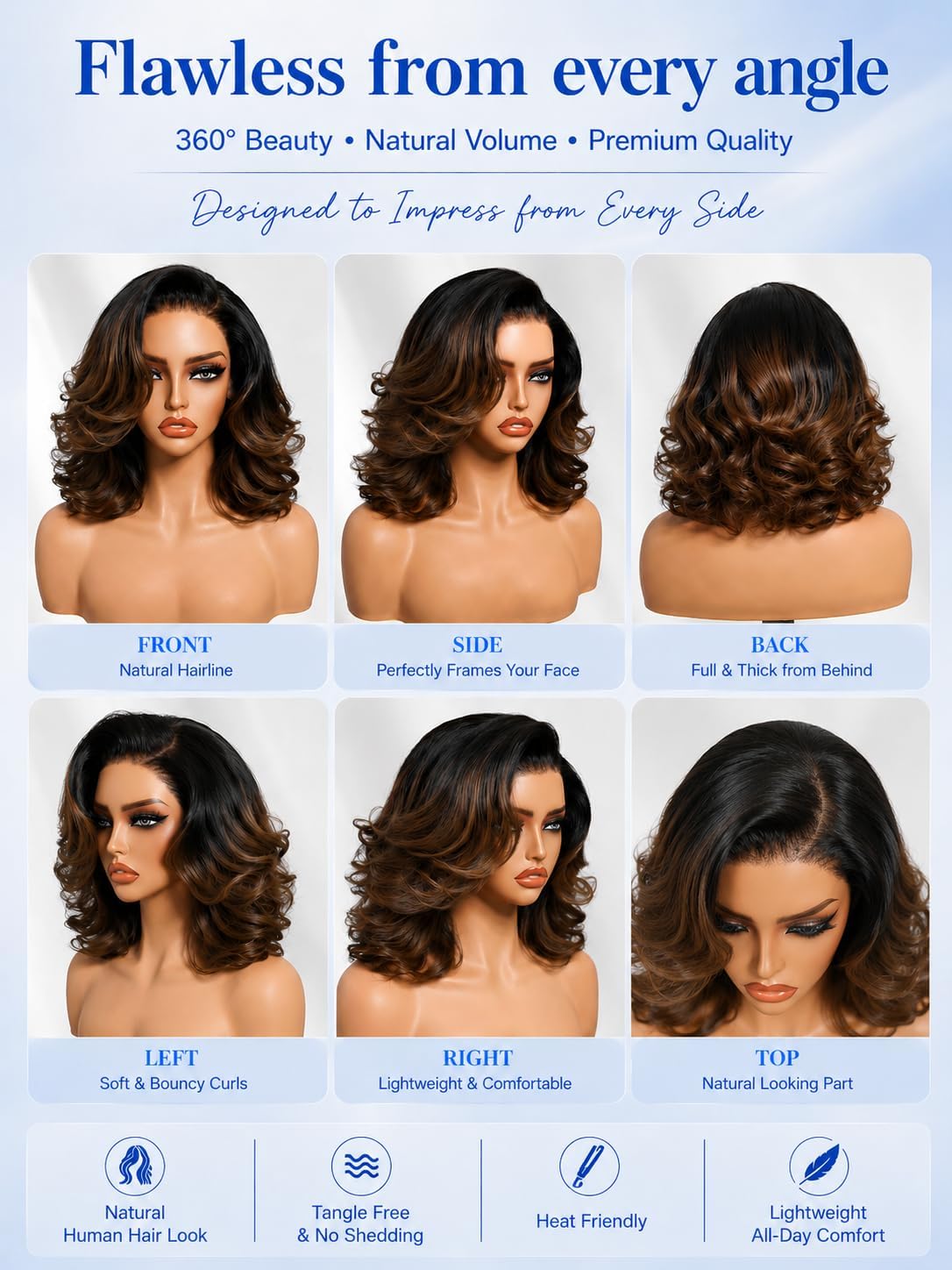 Nadula 13x4 HD Ombre Brown Wavy Bob Drawstring Wig Human Hair with Blonde Face Framing Layers Bangs,Pre Everything Glueless No Slip Wig Pre Plucked Ready to Wear Short Highlight Wavy Bob Wig 10inch