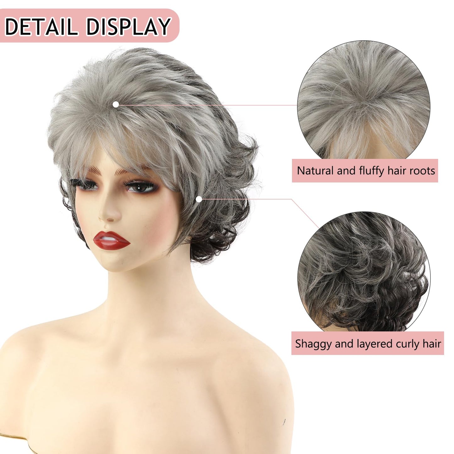 TISHINING Short Grey Curly Wigs for White Women Layered Silver Gray Pixie Cut Synthetic Full Wig with Bangs Natural Looking Daily Party Wigs for Older Women