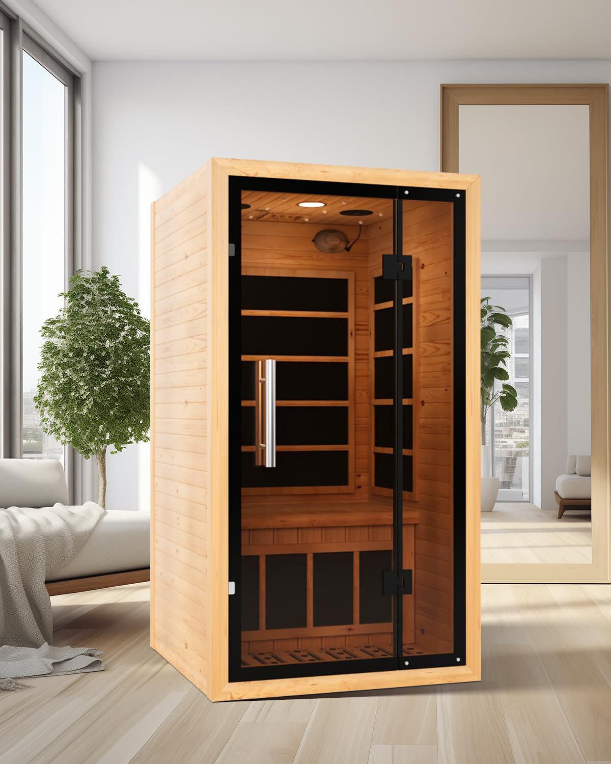 2 Person Infrared Saunas for Home with Recliner, 220V Traditional Sauna for Indoor Use, Canadian Ceder, Full Spectrum Sauna with 9 Heating Panels (Cedar)