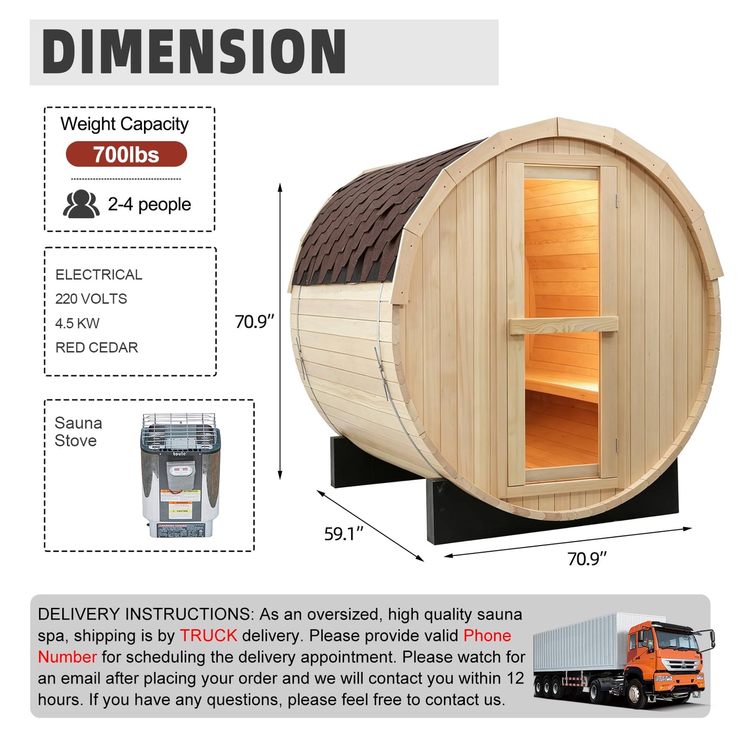 Outdoor Barrel Steam Sauna, 6-8 Person Canadian Hemlock Traditional Wooden Steam Saunas with 220V/6KW Toule Electric Stove, Tempered Glass Sauna Kits for Backyard & Garden (0-195℉)