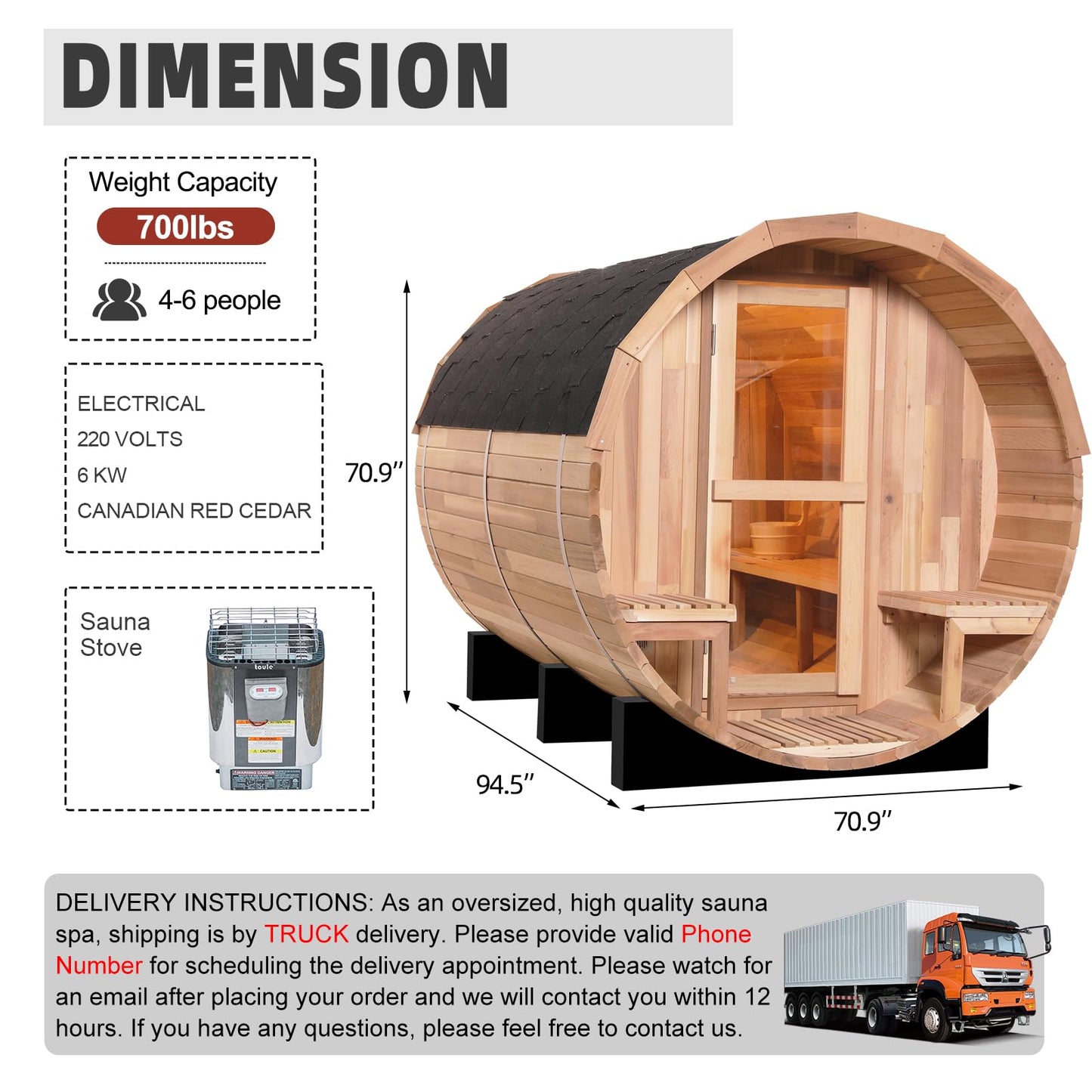 Outdoor Barrel Steam Sauna, 6-8 Person Canadian Hemlock Traditional Wooden Steam Saunas with 220V/6KW Toule Electric Stove, Tempered Glass Sauna Kits for Backyard & Garden (0-195℉)