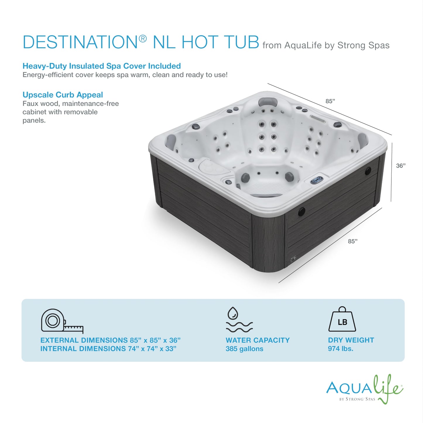 Destination Outdoor Hot Tub, 5-Person 59-Jet 80-Port 4-Pump Lounger Spa with Waterfall Arch and Bluetooth Stereo by Aqualife by Strong Spas