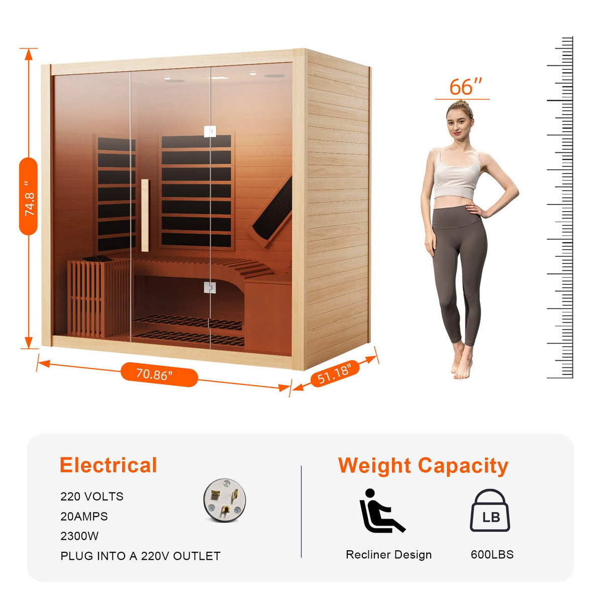 2 Person Infrared Saunas for Home with Recliner, 220V Traditional Sauna for Indoor Use, Canadian Ceder, Full Spectrum Sauna with 9 Heating Panels (Cedar)