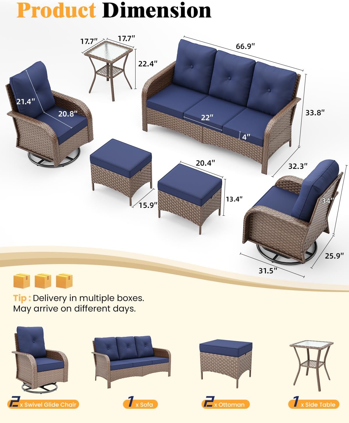 6 Pieces Outdoor Patio Furniture Set, Wicker Swivel Rocker Chairs Sets | Luxury Weather-Resistant High Back Outdoor Sectional Set for Large Deck Yard Poolside Brown Rattan Blue Cushions