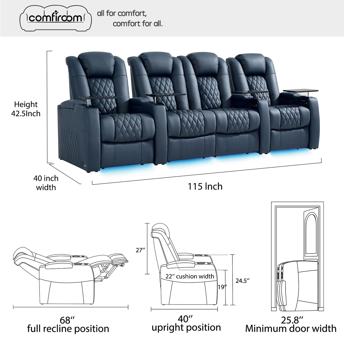 comfiroom Top-Grain Leather Home Theater Seating, Dual-Motor Power Recliner | Classic Series Black Zero Gravity Motorized Theater Chair with USB-C Charging, Adjustable Headrest, Tray Table, Row of 1