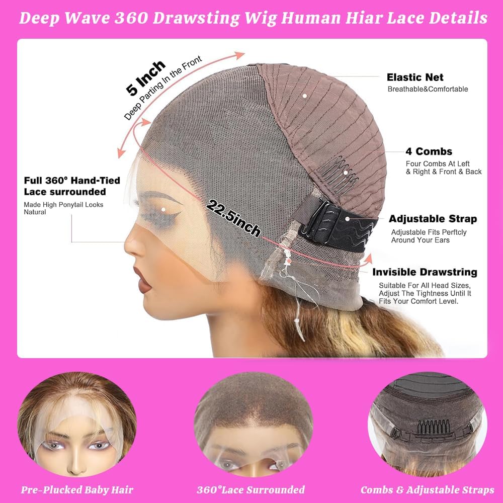 miear 360 Drawstring Lace Front Wigs Human Hair 4/27 Highlight Ombre Wig | 360 HD Full Lace Frontal Wig Body Wave Lace Front Wig Pre Plucked for Black Women 180% Density Honey Blonde Color 28inch