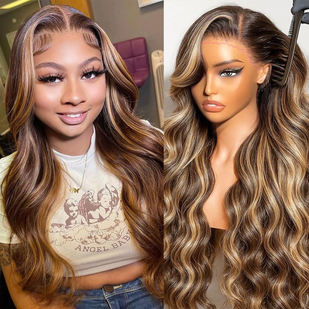 miear 360 Drawstring Lace Front Wigs Human Hair 4/27 Highlight Ombre Wig | 360 HD Full Lace Frontal Wig Body Wave Lace Front Wig Pre Plucked for Black Women 180% Density Honey Blonde Color 28inch