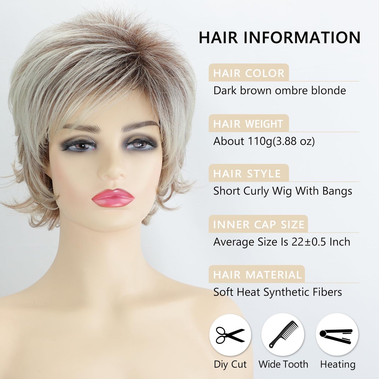 TISHINING Short Grey Curly Wigs for White Women Layered Silver Gray Pixie Cut Synthetic Full Wig with Bangs Natural Looking Daily Party Wigs for Older Women