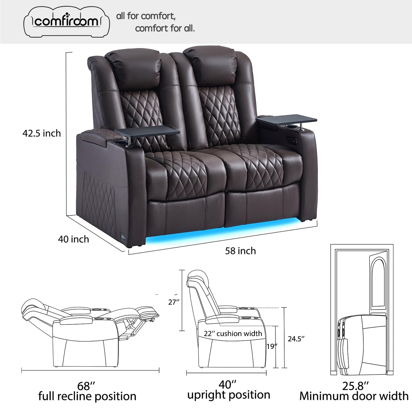 comfiroom Top-Grain Leather Home Theater Seating, Dual-Motor Power Recliner | Classic Series Black Zero Gravity Motorized Theater Chair with USB-C Charging, Adjustable Headrest, Tray Table, Row of 1