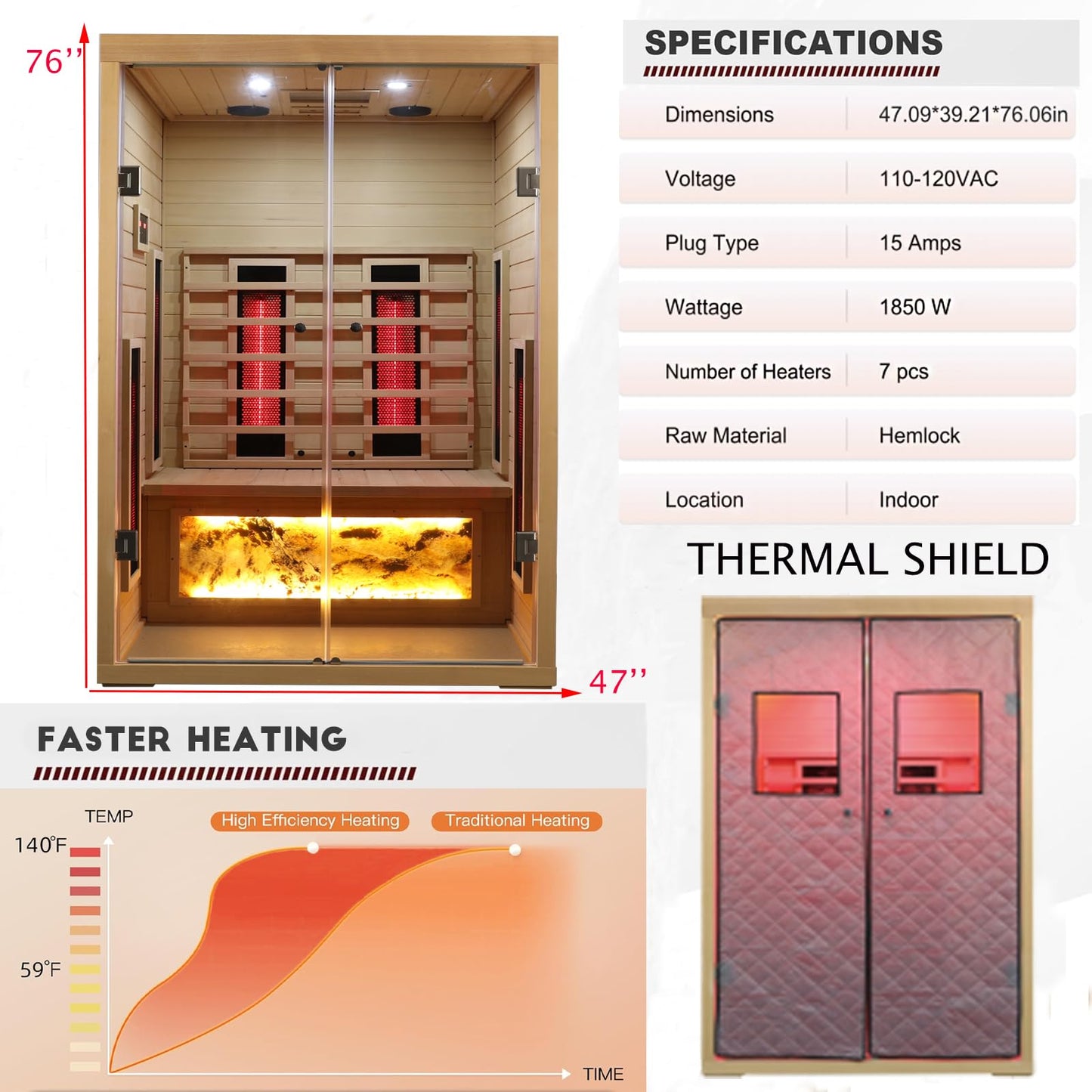3 Person Infrared Sauna Ceramic Infrared Sauna w/Red Light Therapy | Far & Near Infrared Sauna Indoor, Low EMF Infrared Saunas for Home, Hemlock Deluxe Glass Home Sauna with Granite Backdrop