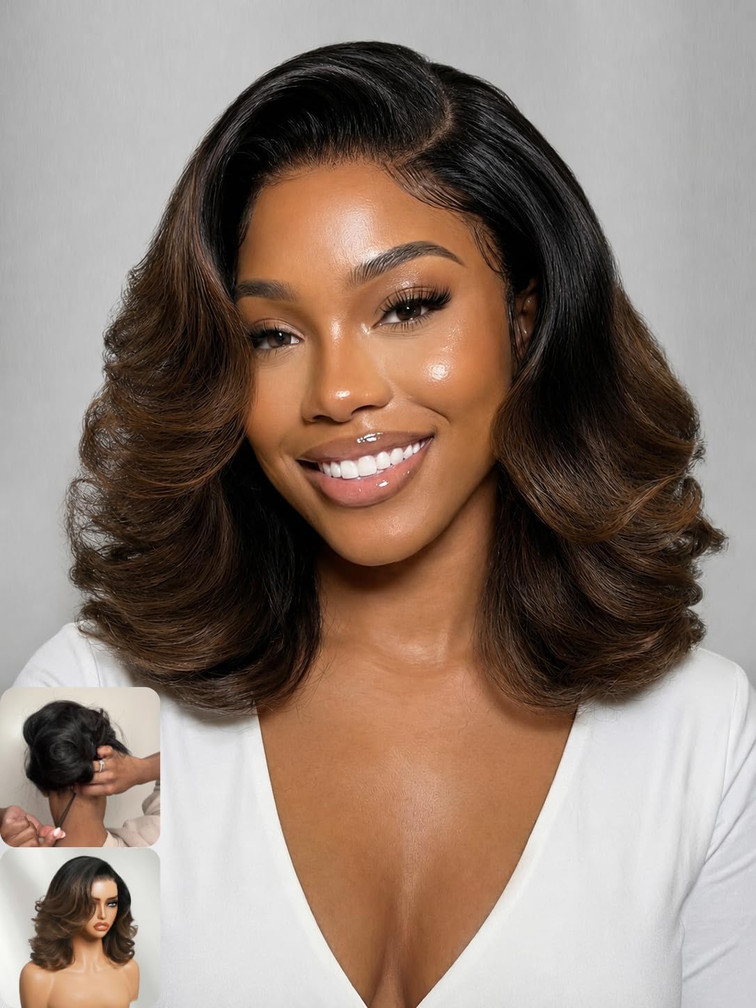 Nadula 13x4 HD Ombre Brown Wavy Bob Drawstring Wig Human Hair with Blonde Face Framing Layers Bangs,Pre Everything Glueless No Slip Wig Pre Plucked Ready to Wear Short Highlight Wavy Bob Wig 10inch