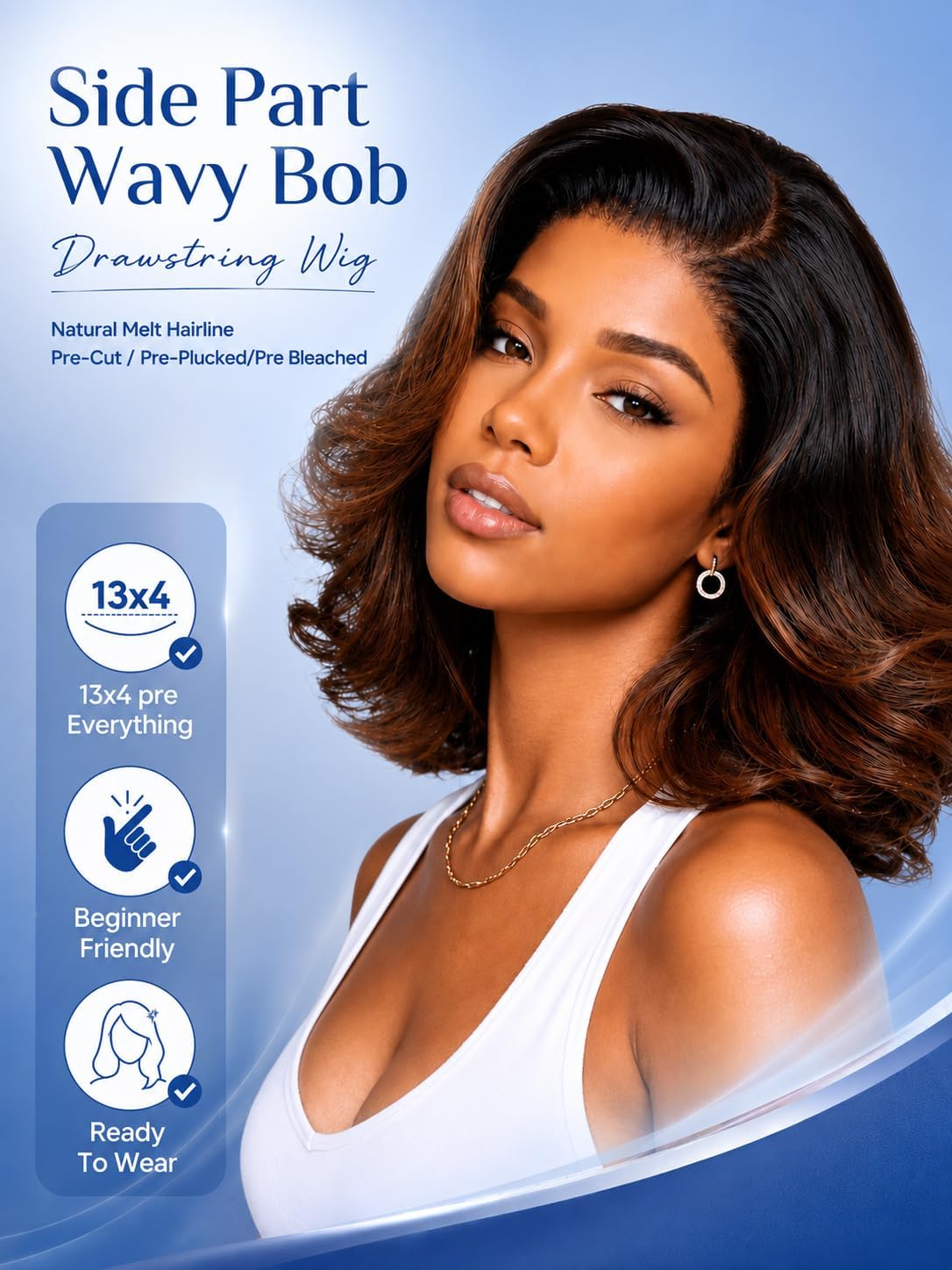 Nadula 13x4 HD Ombre Brown Wavy Bob Drawstring Wig Human Hair with Blonde Face Framing Layers Bangs,Pre Everything Glueless No Slip Wig Pre Plucked Ready to Wear Short Highlight Wavy Bob Wig 10inch