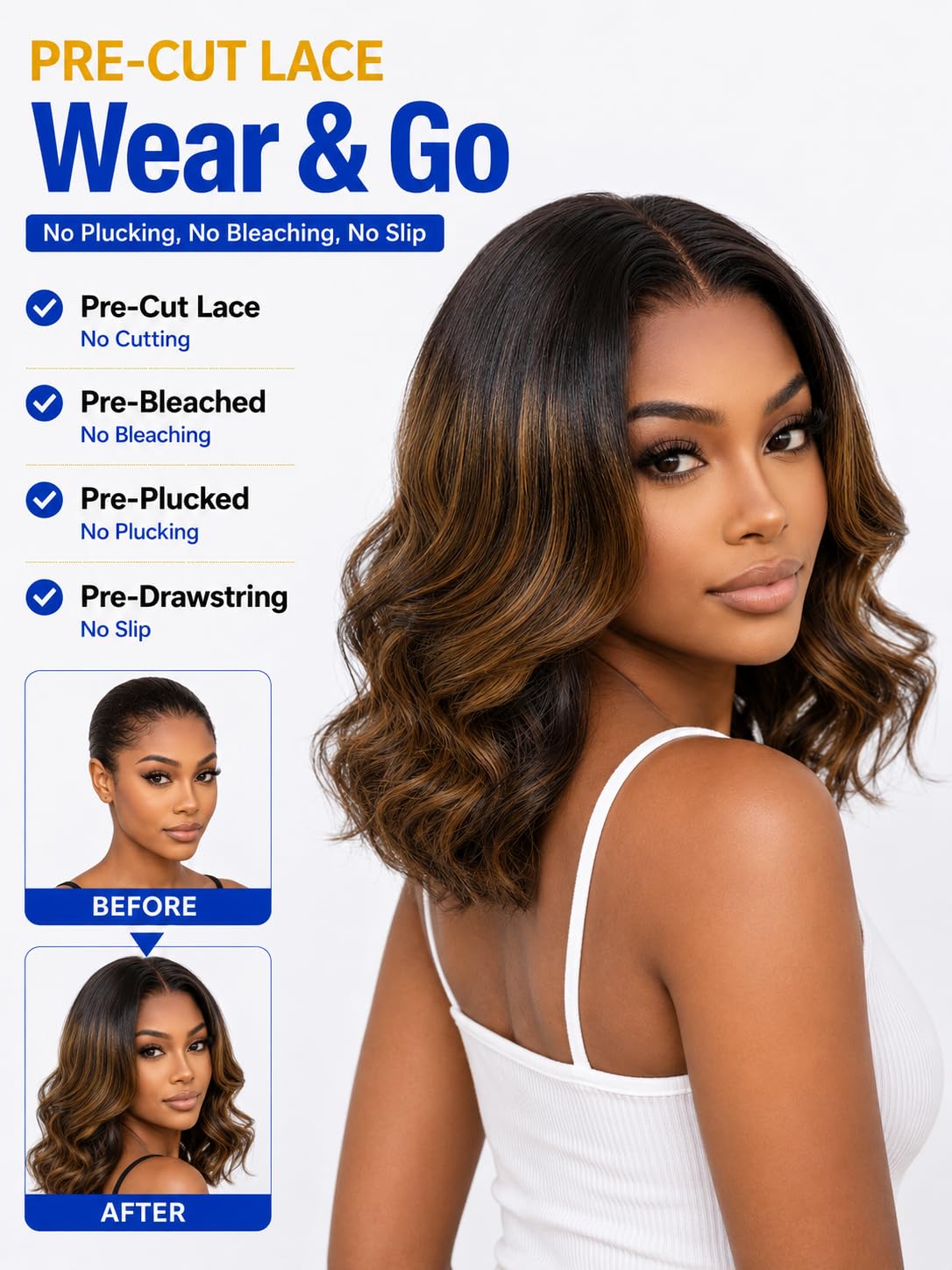 Nadula 13x4 HD Ombre Brown Wavy Bob Drawstring Wig Human Hair with Blonde Face Framing Layers Bangs,Pre Everything Glueless No Slip Wig Pre Plucked Ready to Wear Short Highlight Wavy Bob Wig 10inch