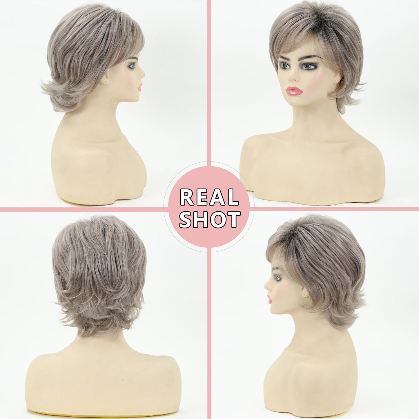 TISHINING Short Grey Curly Wigs for White Women Layered Silver Gray Pixie Cut Synthetic Full Wig with Bangs Natural Looking Daily Party Wigs for Older Women