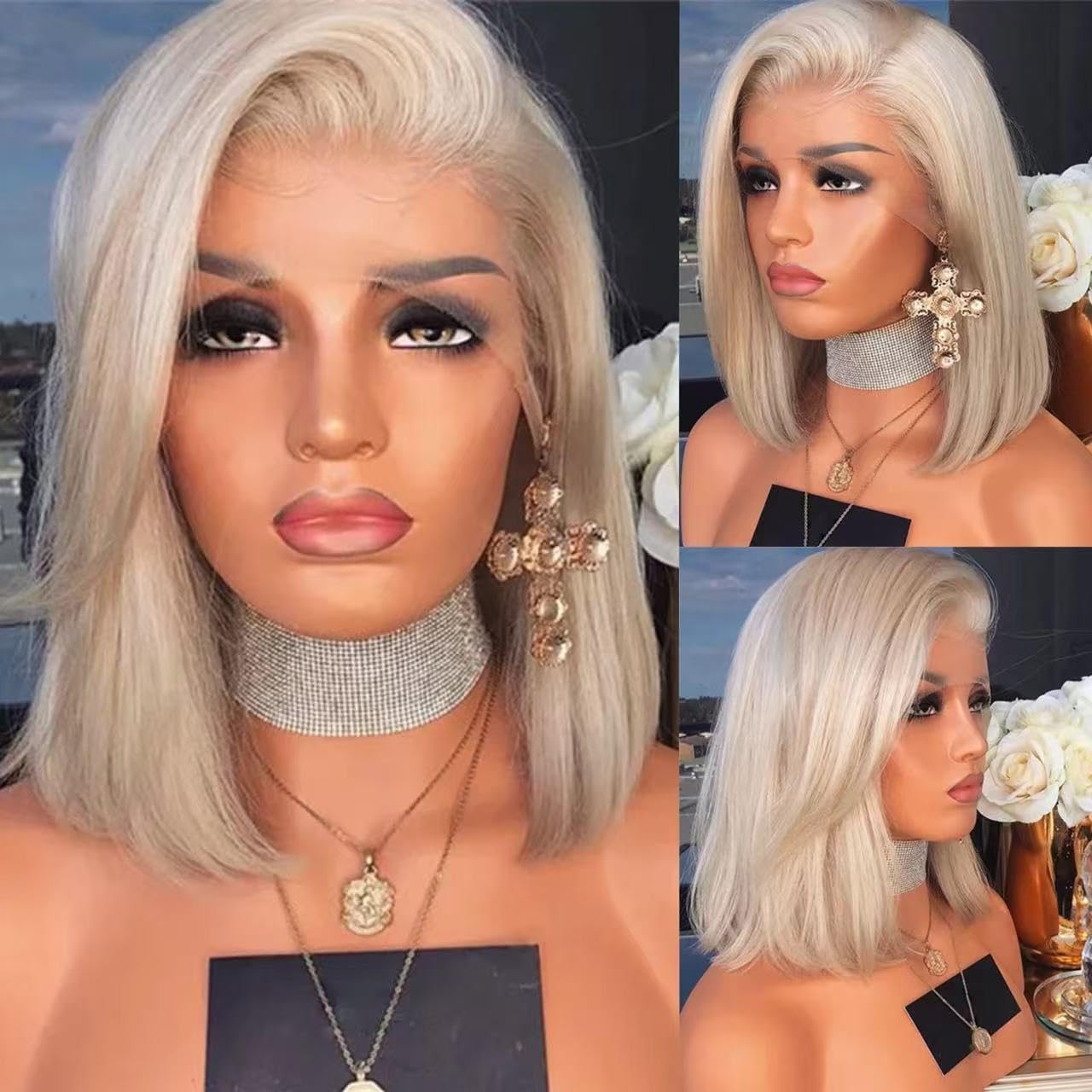 Ash Blonde Wig Human Hair 13x4 Glueless Lace Front Bob Wig 12" | 220% Density Double Drawn 15A Remy Brazilian Human Hair Wig Soft & Full Wear Go HD Pre cut Lace Pre plucked Natural Hairline