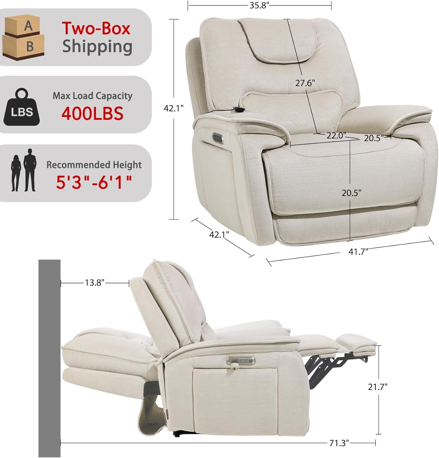 EONIX Triple Motor Lay Flat Zero Gravity Power Recliner, Cream White | Adjustable Headrest, Infinite Position, Lay Flat, USB Ports, 3.9" Footrest, Cup Holder, Living Room