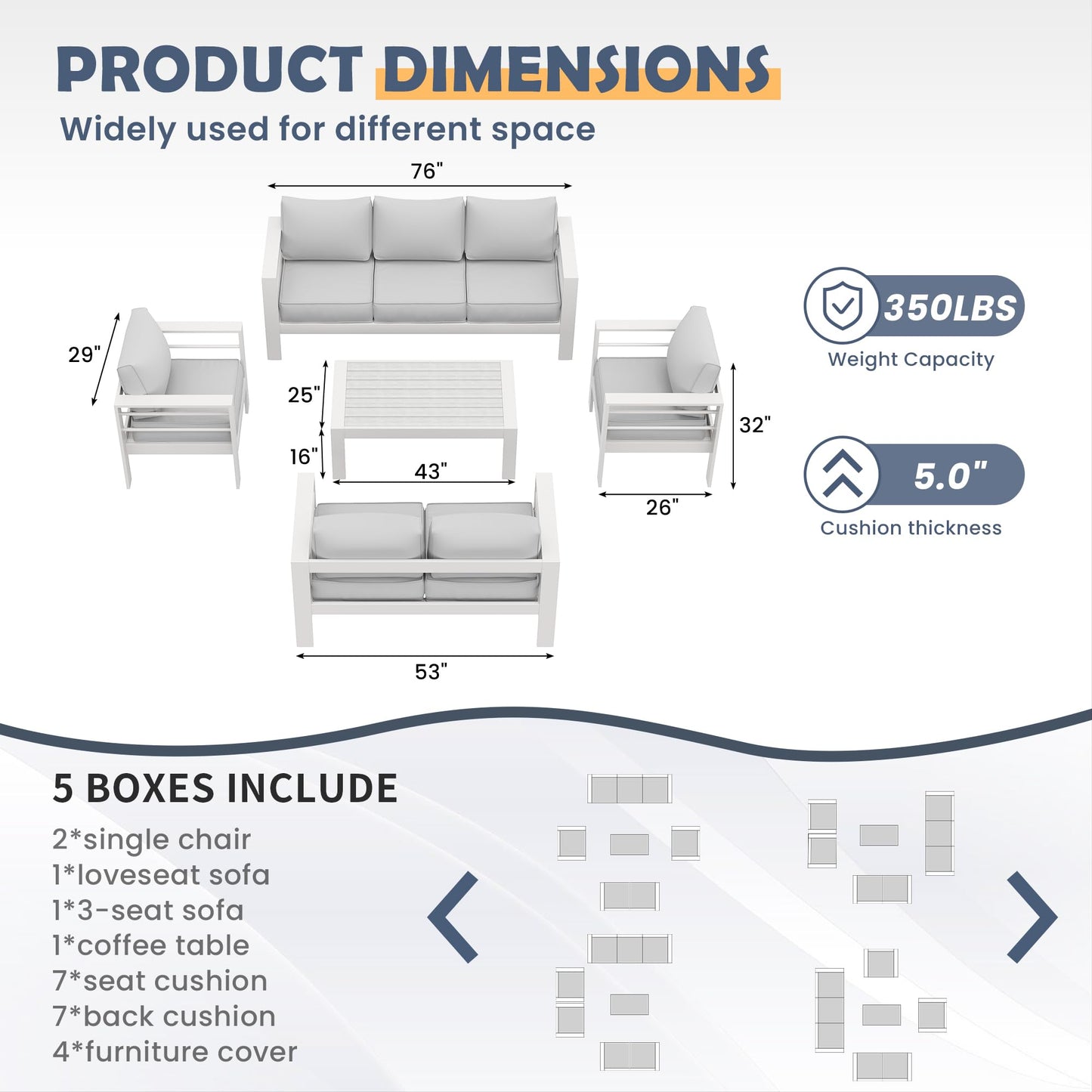 Amopatio Aluminum Patio Furniture Set, 6 Pieces Modern Outdoor Furniture | Outdoor Sectional with Coffee Table, Included Waterproof Covers, for Balcony, Garden, White&Blue