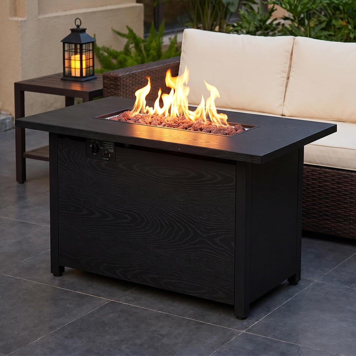 Fire Pit Table, 50,000 BTU Propane Fire Pit Tables for Outside Patio, Brown | 42 Inch Rectangular Fire Pit Table, 2-IN-1 Fire Table with Removable Lid and Blue Glass Stones, CSA Certification