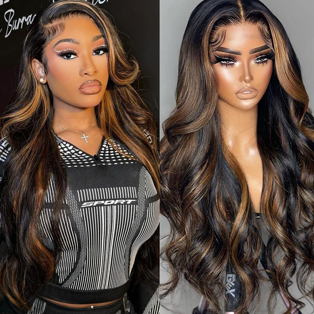 miear 360 Drawstring Lace Front Wigs Human Hair 4/27 Highlight Ombre Wig | 360 HD Full Lace Frontal Wig Body Wave Lace Front Wig Pre Plucked for Black Women 180% Density Honey Blonde Color 28inch