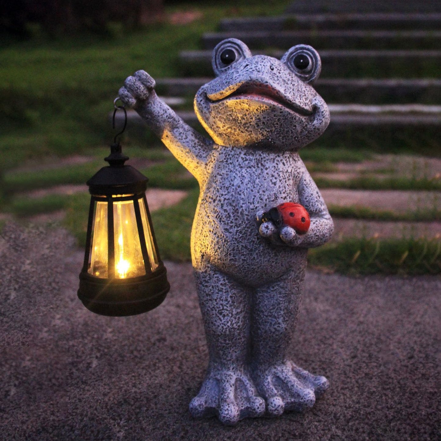 Solar Frog Garden Statue, Resin Figurine with Ladybug & Hanging Solar Lantern Outdoor Decor