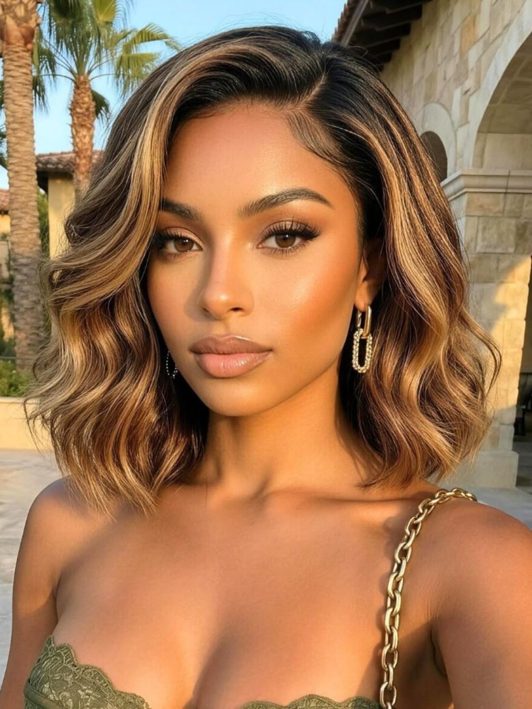 Nadula 13x4 HD Ombre Brown Wavy Bob Drawstring Wig Human Hair with Blonde Face Framing Layers Bangs,Pre Everything Glueless No Slip Wig Pre Plucked Ready to Wear Short Highlight Wavy Bob Wig 10inch