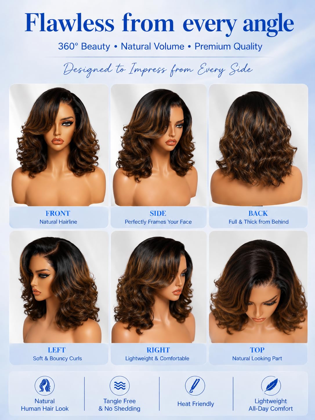 Nadula 13x4 HD Ombre Brown Wavy Bob Drawstring Wig Human Hair with Blonde Face Framing Layers Bangs,Pre Everything Glueless No Slip Wig Pre Plucked Ready to Wear Short Highlight Wavy Bob Wig 10inch