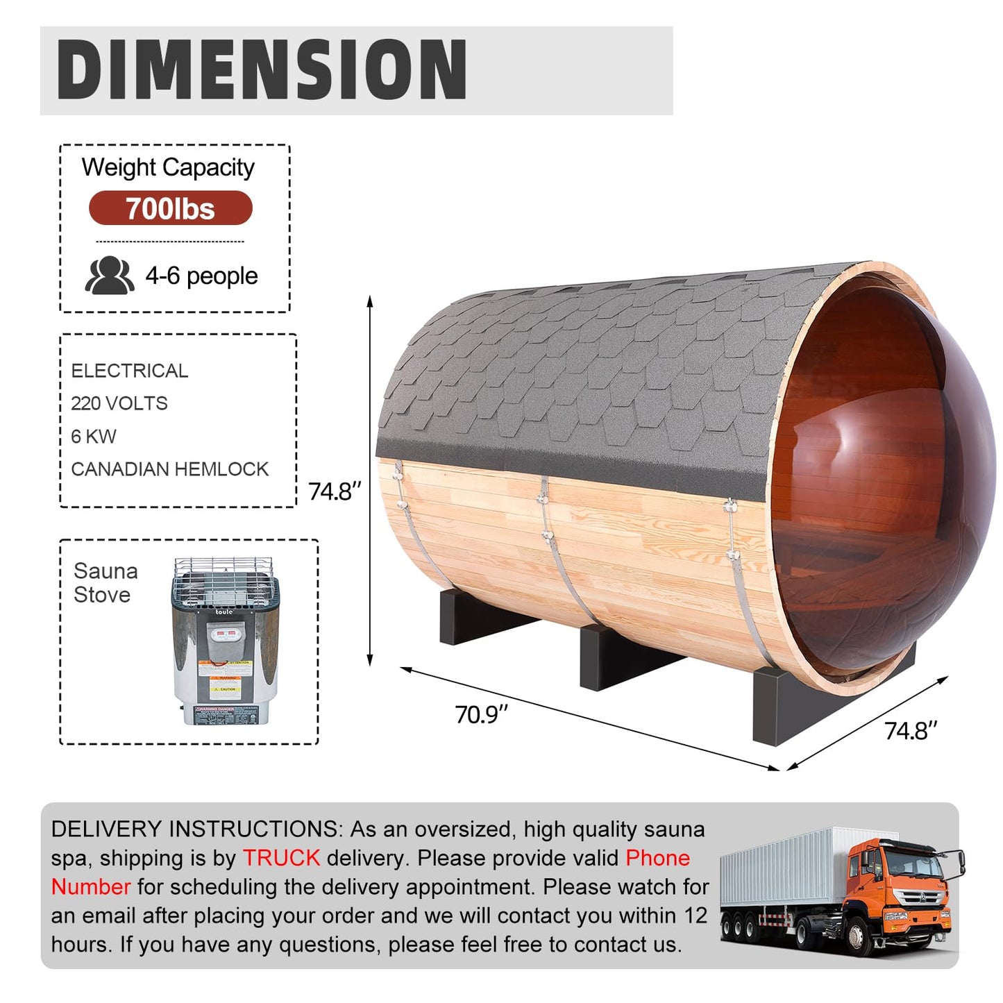 Outdoor Barrel Steam Sauna, 6-8 Person Canadian Hemlock Traditional Wooden Steam Saunas with 220V/6KW Toule Electric Stove, Tempered Glass Sauna Kits for Backyard & Garden (0-195℉)