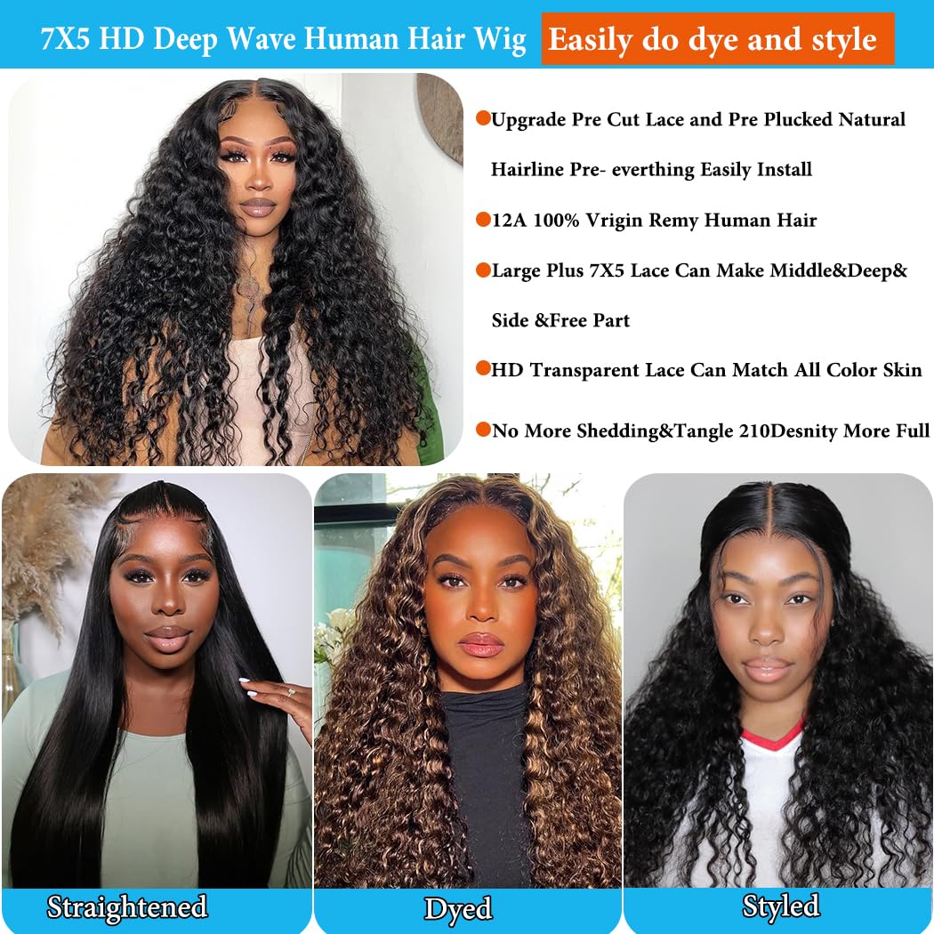 7X5 Deep Wave Wear And Go Glueless Wigs Human Hair Pre Plucked Pre Cut Hd Lace 210 Density Deep Wave Lace Front Wigs Human Hair 26 Inch Drawstring Curly Human Hair Wig For Women Beginner Friendly