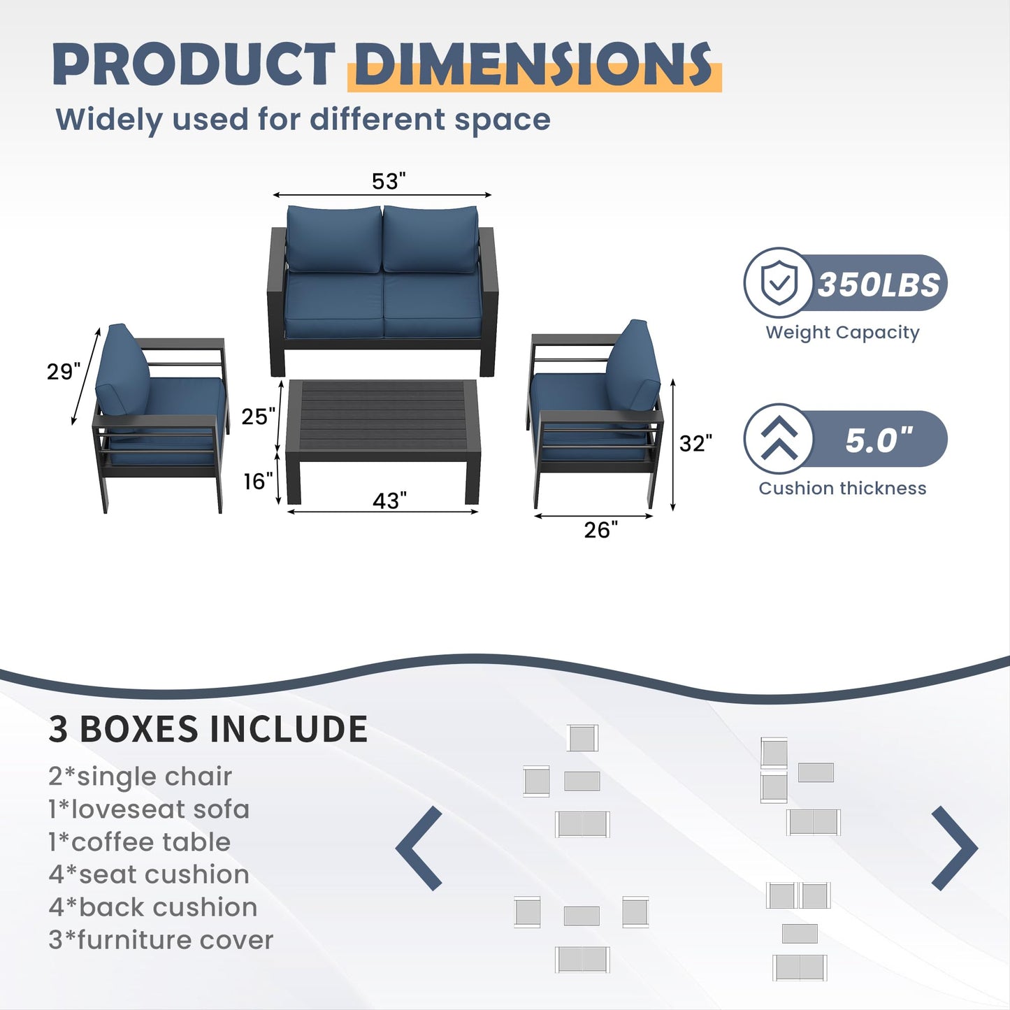 Amopatio Aluminum Patio Furniture Set, 6 Pieces Modern Outdoor Furniture | Outdoor Sectional with Coffee Table, Included Waterproof Covers, for Balcony, Garden, White&Blue