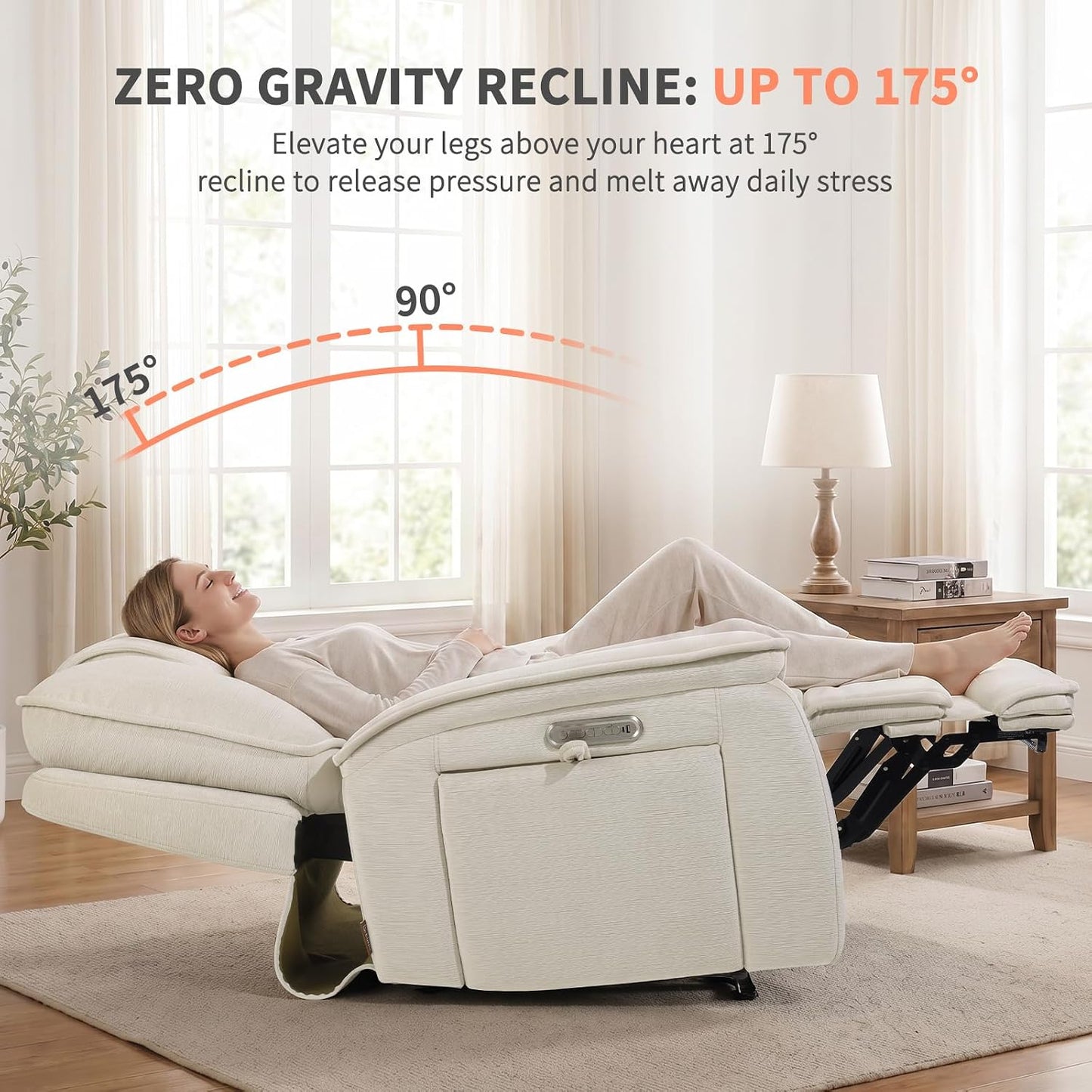 EONIX Triple Motor Lay Flat Zero Gravity Power Recliner, Cream White | Adjustable Headrest, Infinite Position, Lay Flat, USB Ports, 3.9" Footrest, Cup Holder, Living Room