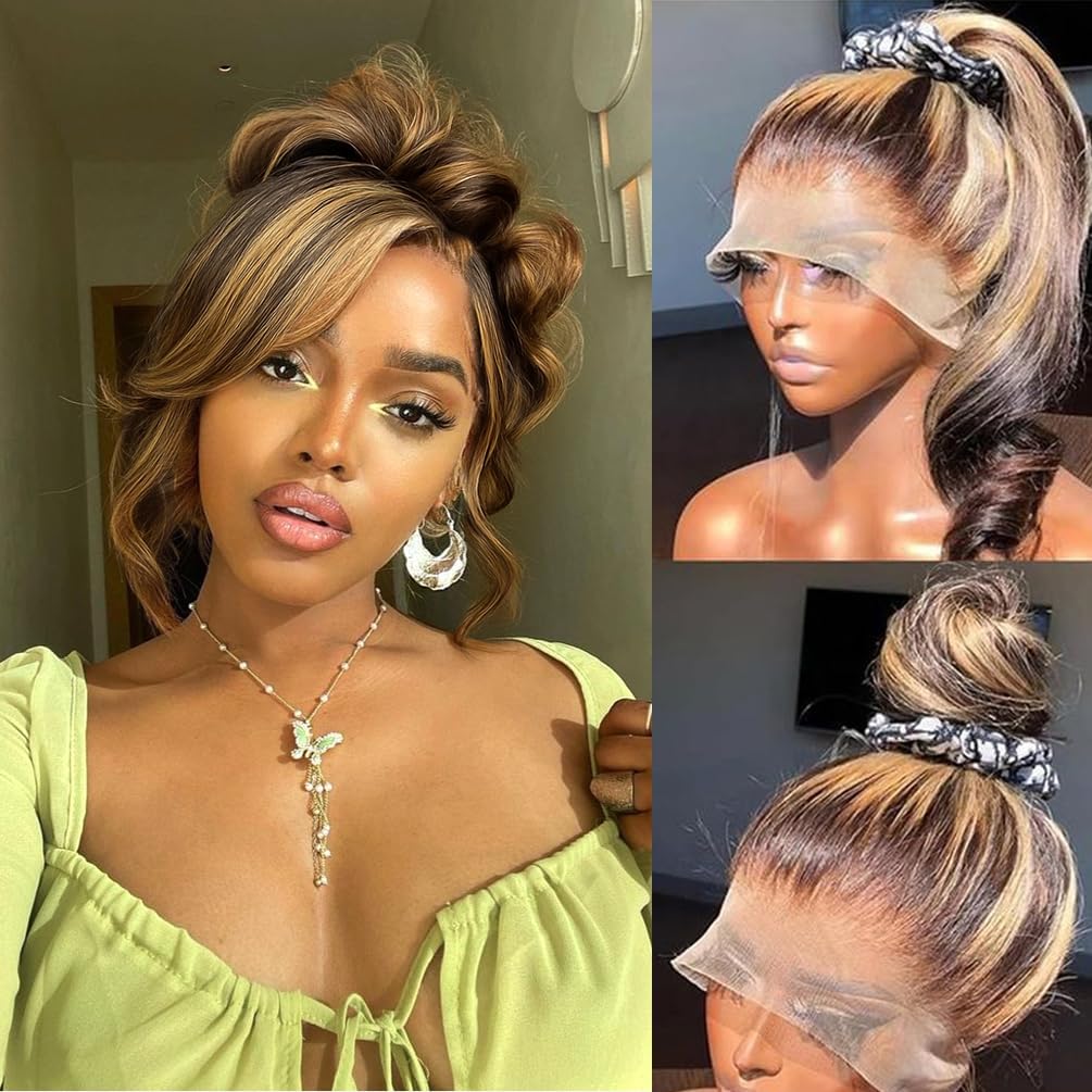 miear 360 Drawstring Lace Front Wigs Human Hair 4/27 Highlight Ombre Wig | 360 HD Full Lace Frontal Wig Body Wave Lace Front Wig Pre Plucked for Black Women 180% Density Honey Blonde Color 28inch