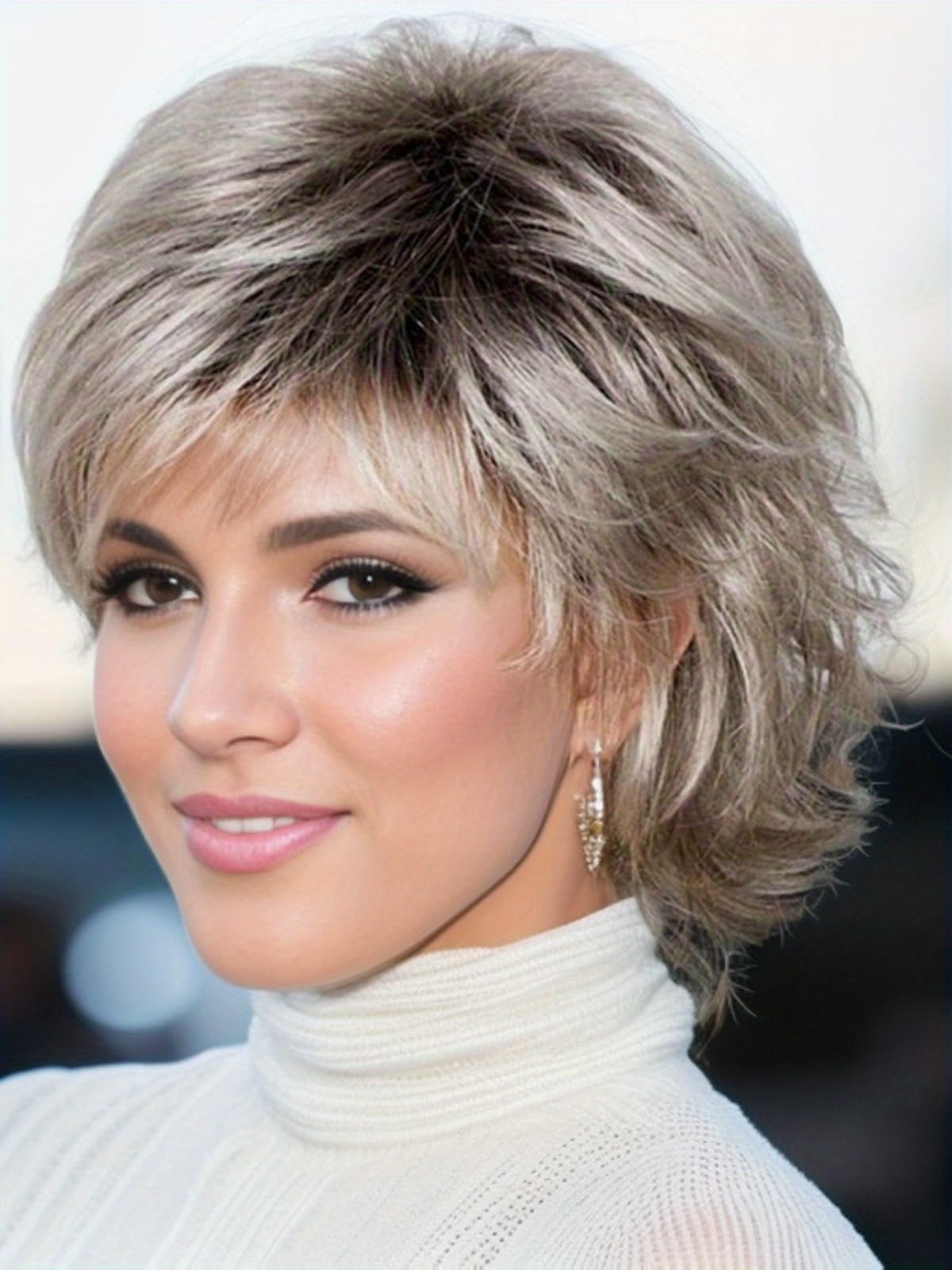 TISHINING Short Grey Curly Wigs for White Women Layered Silver Gray Pixie Cut Synthetic Full Wig with Bangs Natural Looking Daily Party Wigs for Older Women