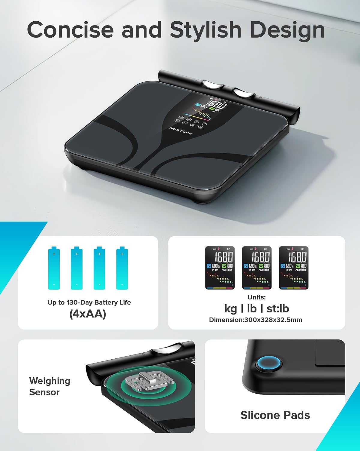 Posture Scale for Body Weight with 8 electrodes, Smart Digital Bathroom Scale for Weight, Body Fat, Muscle Mass 28 Body Composition Metrics, with Larger Platform and Colorful LCD Display,400lbs