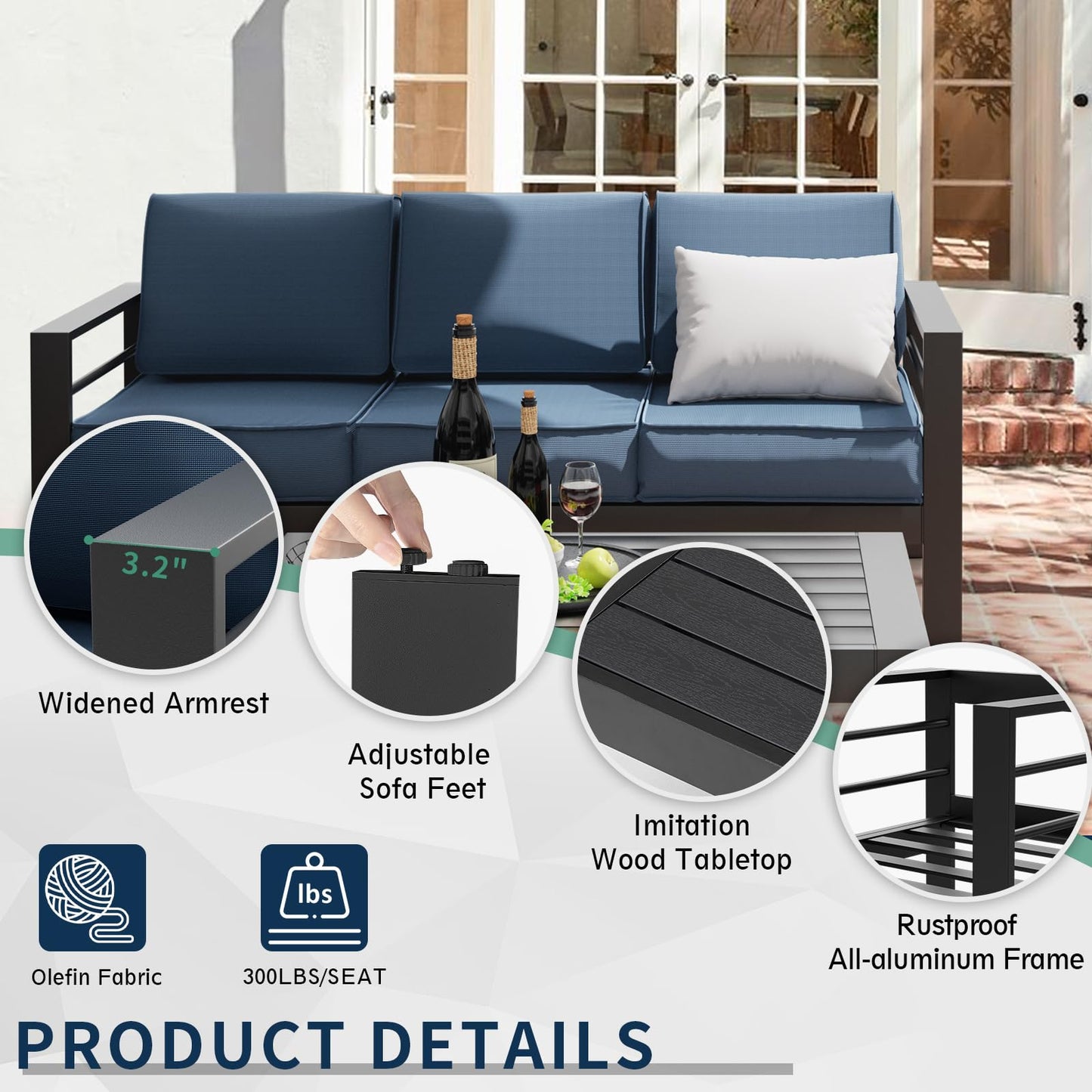 Amopatio Aluminum Patio Furniture Set, 6 Pieces Modern Outdoor Furniture | Outdoor Sectional with Coffee Table, Included Waterproof Covers, for Balcony, Garden, White&Blue
