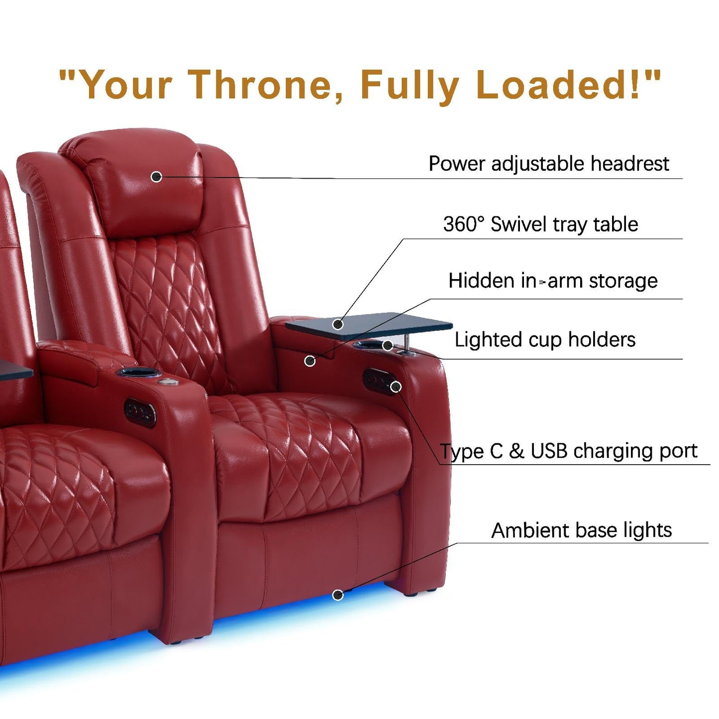 comfiroom Top-Grain Leather Home Theater Seating, Dual-Motor Power Recliner | Classic Series Black Zero Gravity Motorized Theater Chair with USB-C Charging, Adjustable Headrest, Tray Table, Row of 1