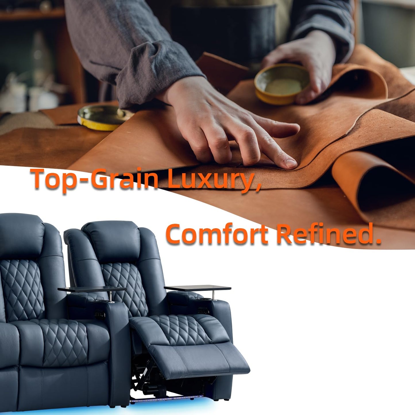 comfiroom Top-Grain Leather Home Theater Seating, Dual-Motor Power Recliner | Classic Series Black Zero Gravity Motorized Theater Chair with USB-C Charging, Adjustable Headrest, Tray Table, Row of 1