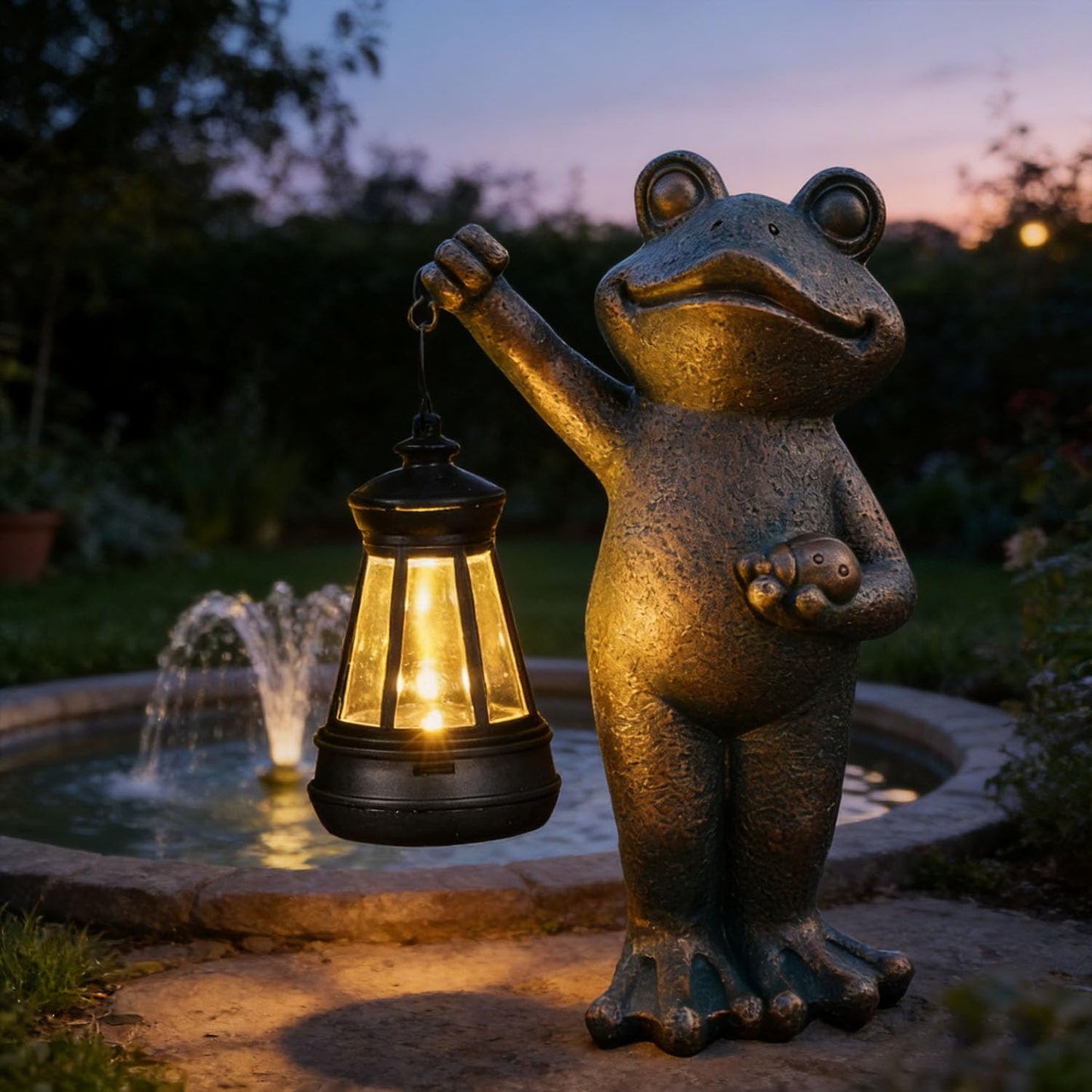 Solar Frog Garden Statue, Resin Figurine with Ladybug & Hanging Solar Lantern Outdoor Decor
