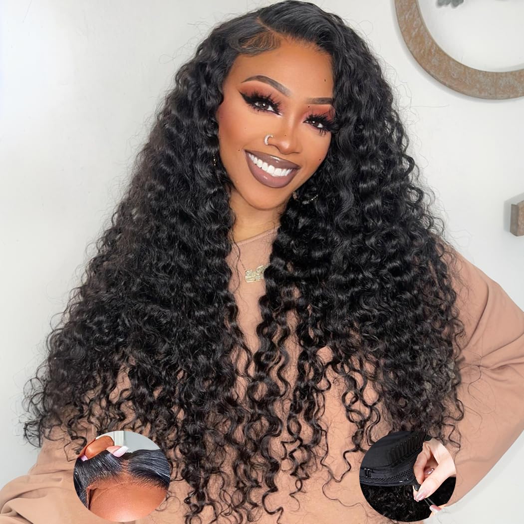 7X5 Deep Wave Wear And Go Glueless Wigs Human Hair Pre Plucked Pre Cut Hd Lace 210 Density Deep Wave Lace Front Wigs Human Hair 26 Inch Drawstring Curly Human Hair Wig For Women Beginner Friendly