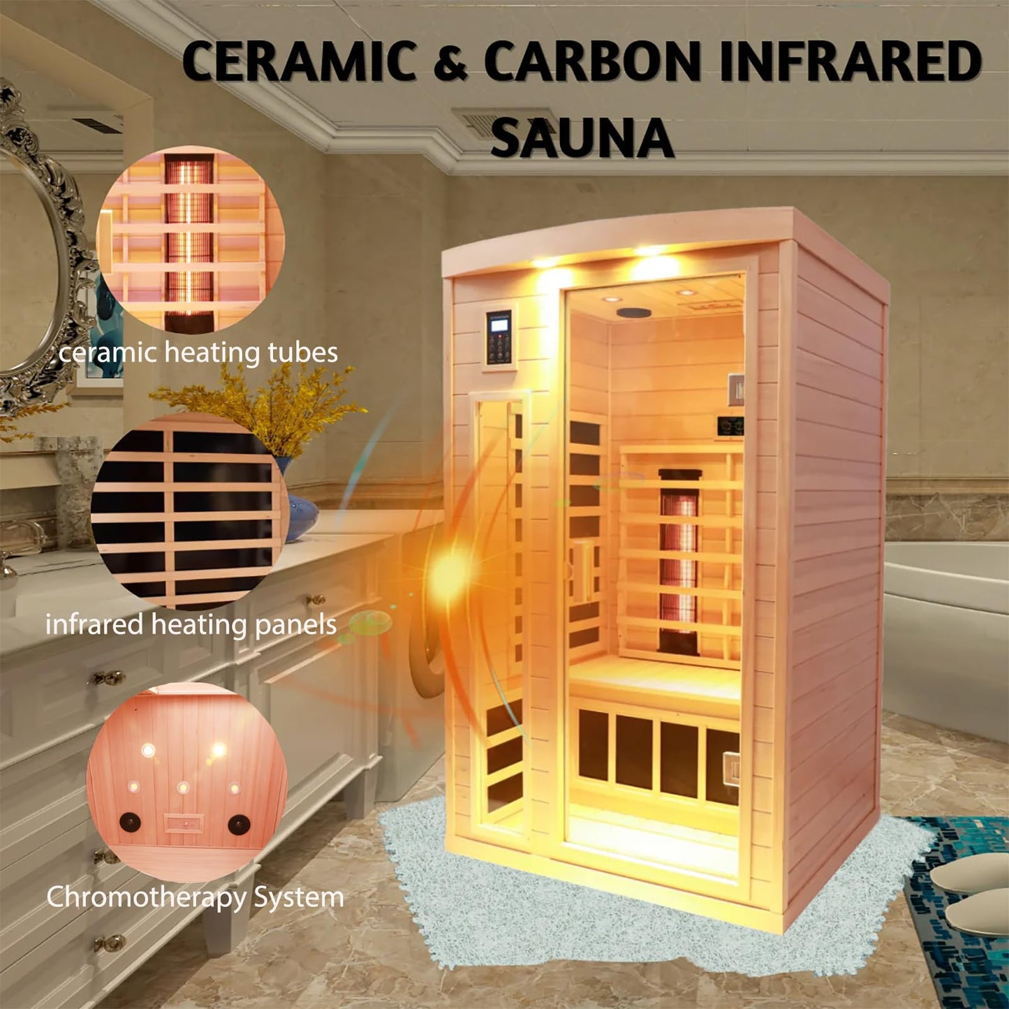 3 Person Infrared Sauna Ceramic Infrared Sauna w/Red Light Therapy | Far & Near Infrared Sauna Indoor, Low EMF Infrared Saunas for Home, Hemlock Deluxe Glass Home Sauna with Granite Backdrop