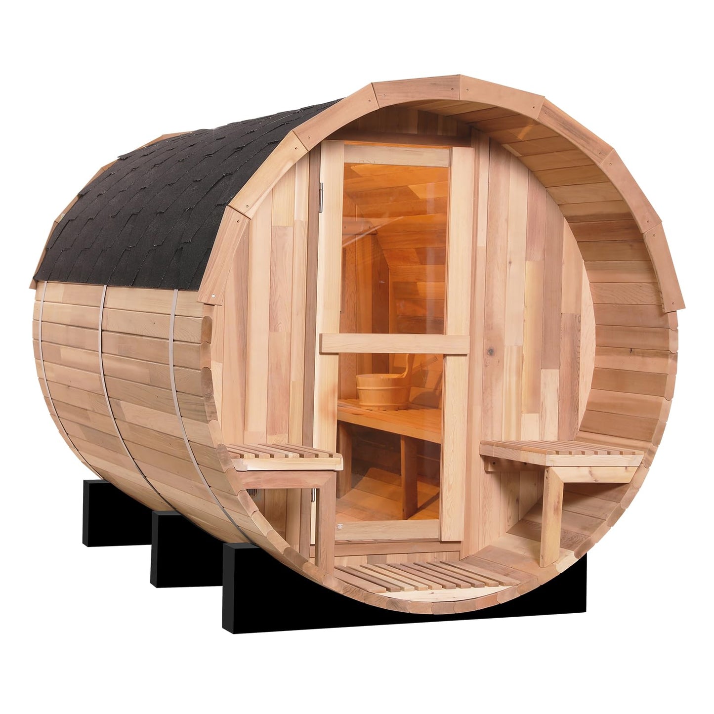 Outdoor Barrel Steam Sauna, 6-8 Person Canadian Hemlock Traditional Wooden Steam Saunas with 220V/6KW Toule Electric Stove, Tempered Glass Sauna Kits for Backyard & Garden (0-195℉)