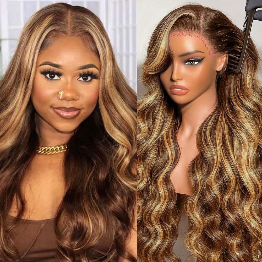 miear 360 Drawstring Lace Front Wigs Human Hair 4/27 Highlight Ombre Wig | 360 HD Full Lace Frontal Wig Body Wave Lace Front Wig Pre Plucked for Black Women 180% Density Honey Blonde Color 28inch