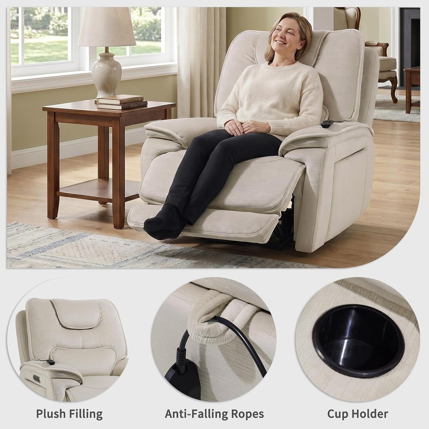 EONIX Triple Motor Lay Flat Zero Gravity Power Recliner, Cream White | Adjustable Headrest, Infinite Position, Lay Flat, USB Ports, 3.9" Footrest, Cup Holder, Living Room