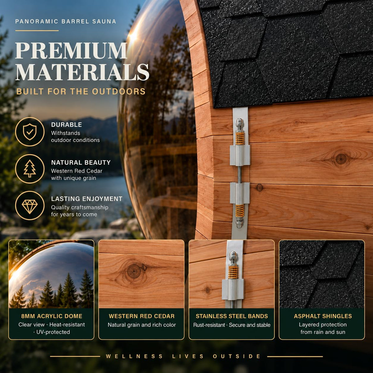 Outdoor Wooden Panoramic Barrel Sauna, 6-8 Person Sauna Room, 220V，6kw Toule Electric Heater with Sauna Stone, and Asphalt Shingle Roof (Red Ceder)