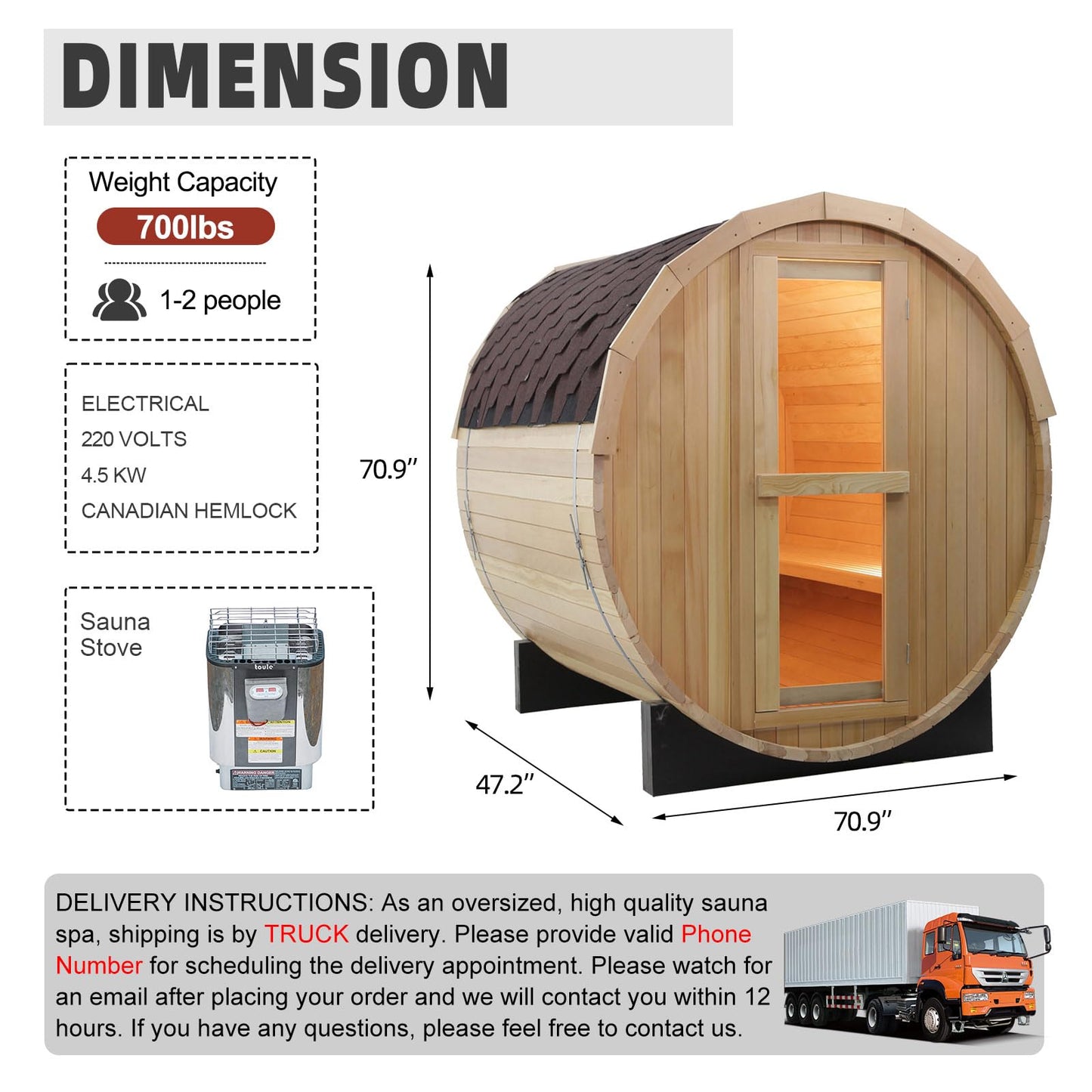 Outdoor Barrel Steam Sauna, 6-8 Person Canadian Hemlock Traditional Wooden Steam Saunas with 220V/6KW Toule Electric Stove, Tempered Glass Sauna Kits for Backyard & Garden (0-195℉)