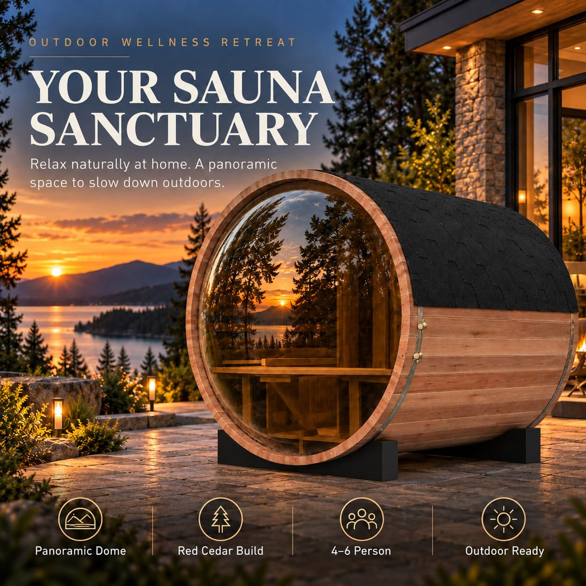 Outdoor Wooden Panoramic Barrel Sauna, 6-8 Person Sauna Room, 220V，6kw Toule Electric Heater with Sauna Stone, and Asphalt Shingle Roof (Red Ceder)